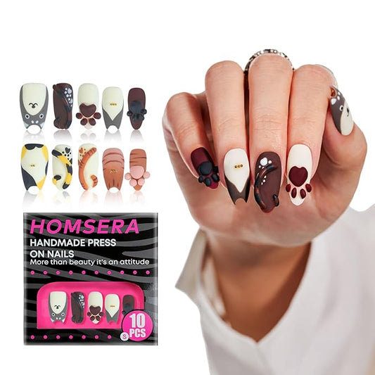 Handmade Press On Nails Almond, 3D Whimsical Kitten Design Short Fake Nails, Salon Quality Reusable, Fall/Winter Cute Gift & Party for Women, 10Pcs