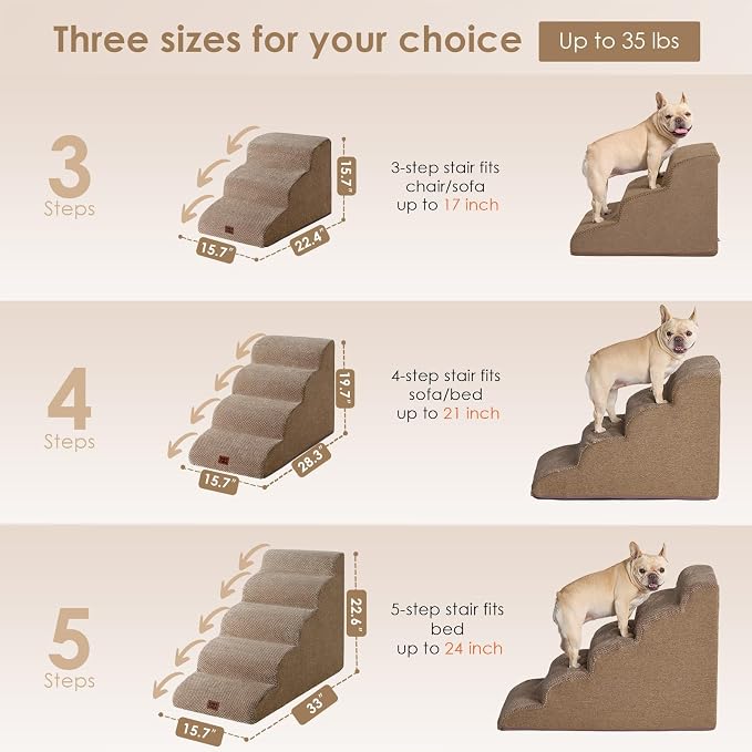 EHEYCIGA Curved Dog Stairs Ramp, 3-Step Dog Steps, 15.7" H Pet Step | 33D density of pure foam, for Small Dogs and Cats, Pet Stairs for High Bed Climbing, Non-Slip Balanced Indoor, Camel