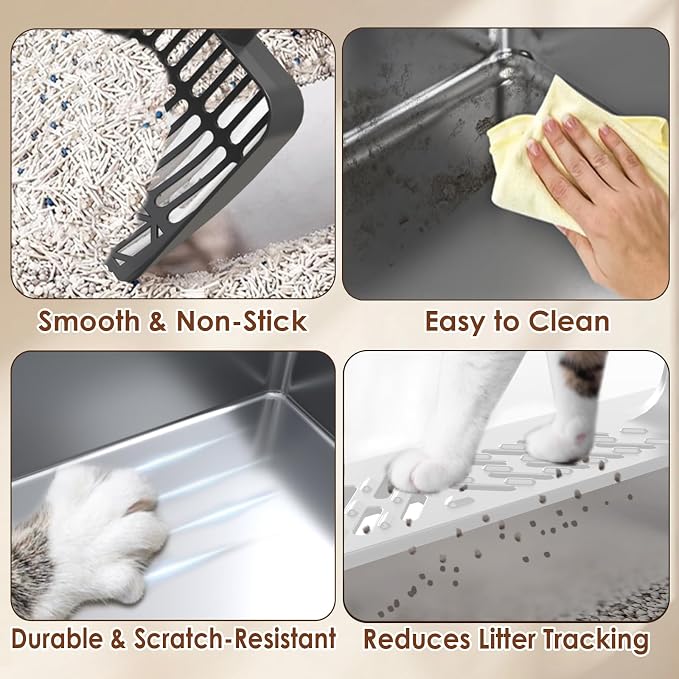 Extra Large Stainless Steel Litter Box for Large Cats | 50% Thicker Metal, High Sides, Leak-Proof, Non-Stick Surface, Odor Resistant, Easy Clean