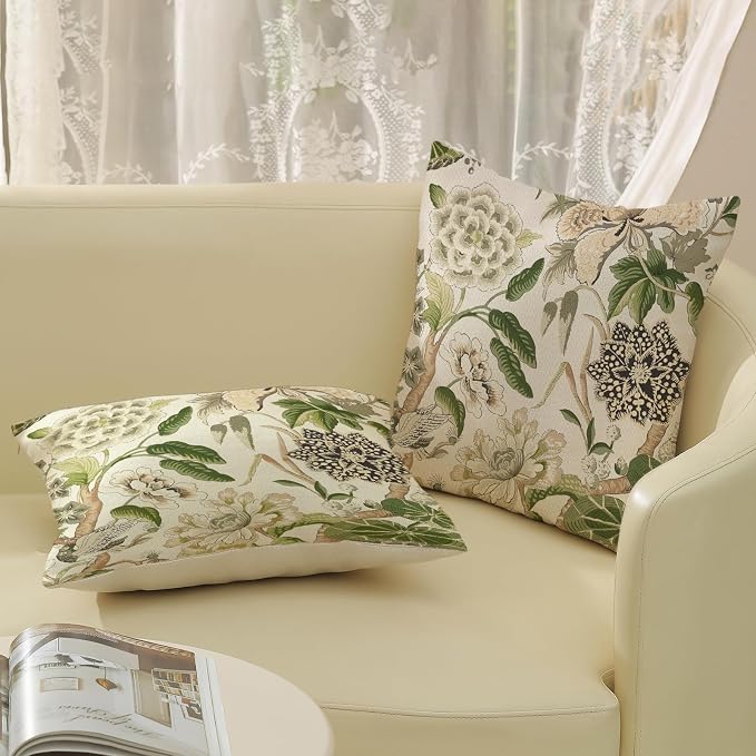 Green Pillow Covers 18x18 Inch Set of 2 Vintage Green Floral Throw Pillows Chinoiserie Flower Decorative Pillow Cases Outdoor Linen Farmhouse Cushion Covers for Couch Sofa Decorations