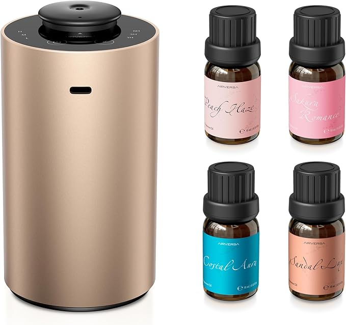 Airversa Waterless Essential Oil Diffuser Starter Kit with 4 x 10mL Fragrance Scent Oil, Battery Operated Mini Scent Air Machine Portable Diffuser for Home Car Office, ANX Titanium Kit-C