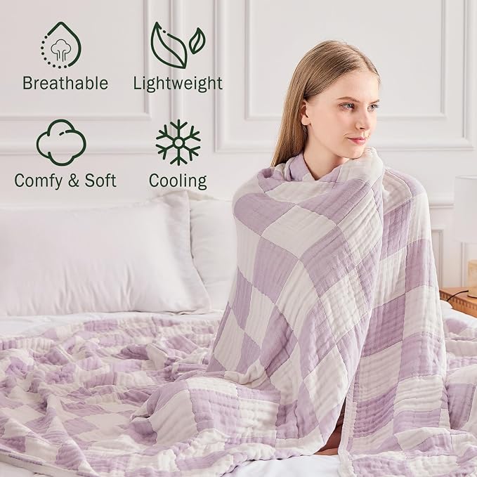 EMME Cooling Muslin Twin XL Blanket - Checkered Lightweight Summer Cotton Blankets of Rayon Derived from Bamboo for Hot Sleepers, Soft Breathable All Season Gauze