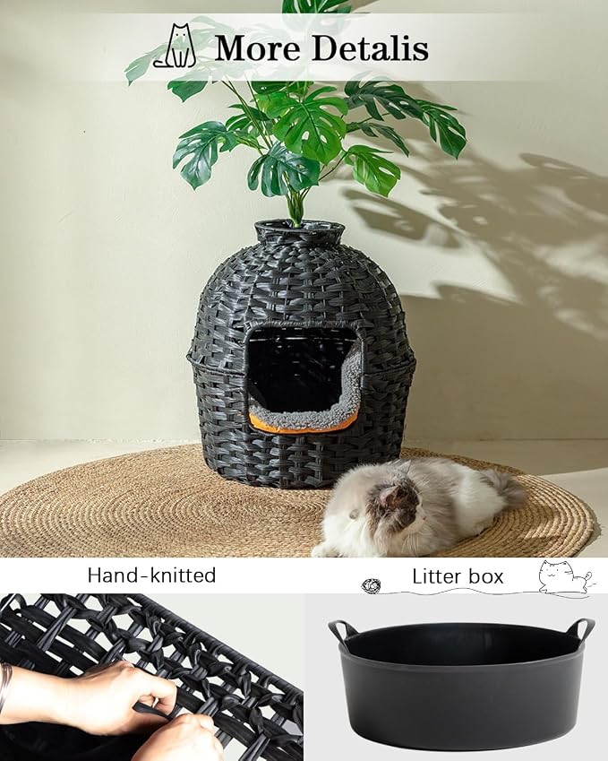 SETVSON Cat Litter Box Plant Furniture Enclosure, PE Rattan House, Black | Decorative Planter Design, Easy Clean, Artificial Plants & Real Stones Included, Private Inner Litter Box, 20" x 20" Compact