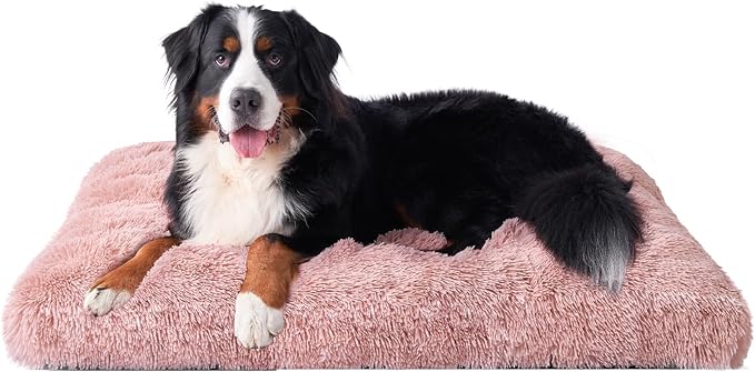 EHEYCIGA Fluffy Dog Crate Bed, Plush Extra Large Plus Dog Pillow, Pink | Xlarge Calming Anti Anxiety Plush Faux Fur Mat for Large size dogs, Washable Soft Warm Plus Dog Pad with Non-Slip Bottom