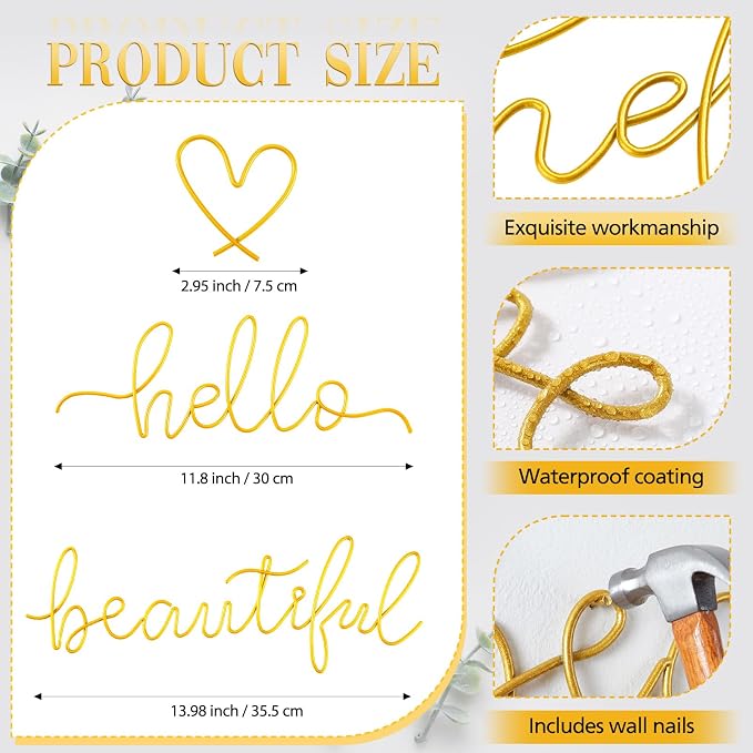 Hicarer Metal Hello Gorgeous Wall Art Minimalist Wall Decor,Gold,Beautiful | for Bedroom Bathroom Living Room Dressing Room Salon Vanity Office Home Decoration, Easy to Install