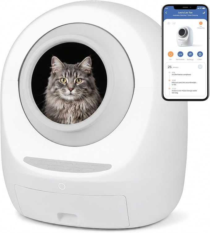 Casa Leo Automatic Self-Cleaning Cat Litter Box | with Leo’s Loo Too Wi-Fi App & Voice Control, App Weight Tracking, UV Odor Control, Safety Sensors, 30dB Quiet