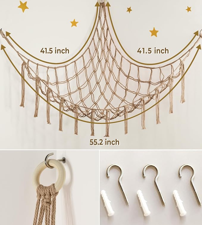 Stuffed Animal Storage Hammock or Net Corner - Large Toy Hammock Net for Stuffed Animals Room Decor - Cute Stuff Animal Organizer Plush Holder - Kids Baby Nursery Essentials Wall Bedroom Home Decor