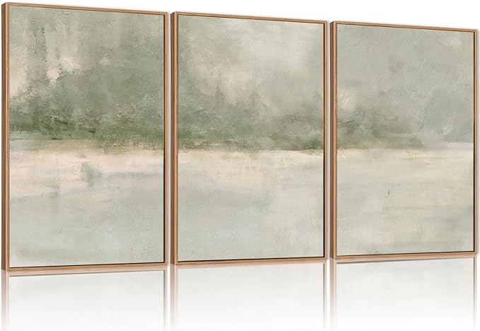 FWIEXA Grey Green Abstract Canvas Wall Art Set 3, Neutral Landscape Framed Prints, Modern Lake Scenery Paintings, Beige 24x36In Watercolor Artwork Poster for Farmhouse, Living Room, Bedroom, Office