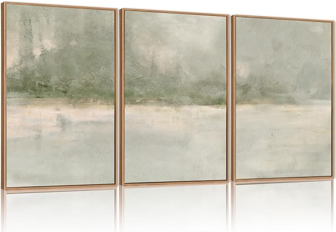FWIEXA Grey Green Abstract Canvas Wall Art Set 3, Neutral Landscape Framed Prints, Modern Lake Scenery Paintings, Beige 16x24In Watercolor Artwork Poster for Farmhouse, Living Room, Bedroom, Office