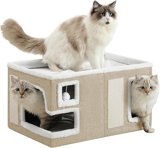 Large Cat Houses for Indoor Cats, Extra Wide Covered Cat Cave Bed with Scratch Pad and Fluffy Ball, Foldable Cat Hideaway Condo for Large Cats, Modern Kitten Bed,23x16x13 inches (Khaki‌, XL)