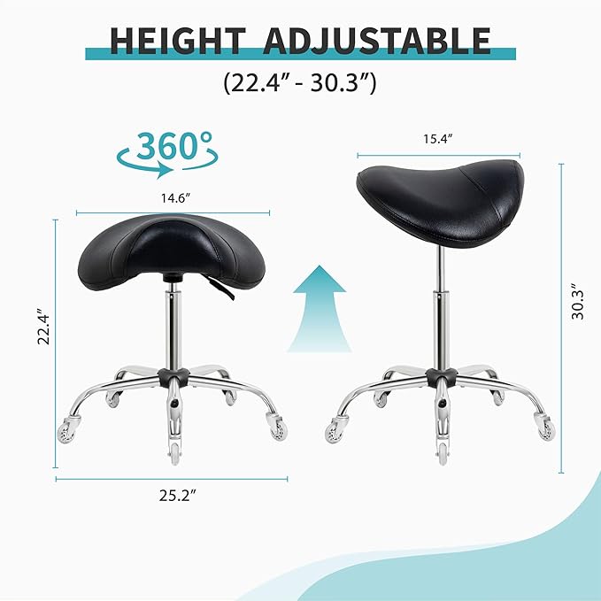 Saddle Stool with Wheels,Ergonomic Swivel Rolling Height Adjustable for Salon Beauty Clinic Dentist Tattoo Home Office（Black）