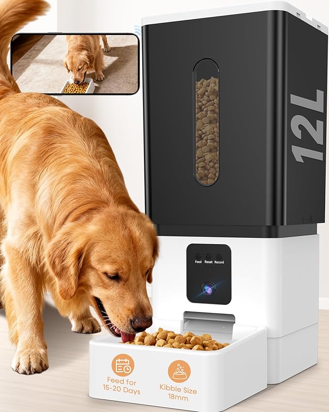 Automatic Dog Feeder, 12L Dog Food Dispenser Automatic for Large Breed | Anti-Clog 0.78inch Large Kibble, 20 Days Food Capacity, 1080P HD Camera, APP Control for Office Workers