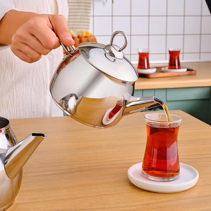 Karaca Belinay Teapot Set Medium Silver, 18/10 Stainless Steel, Teapot/Lid (1 lt, 2.2 lb), Tea Kettle (1.6 lt, 3.5 lb), Suitable for Induction, 2 Years Warranty