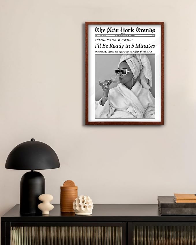 EcoHest 12x16 in I'll Be Ready in 5 Minutes Newspaper Framed Wall Art | Walnut Color Solid Oak Frame, Canvas Wall Art, Feminist Newspaper Wall Decor for Bathroom, Bedroom, Apartment, Dorm, 1Pack