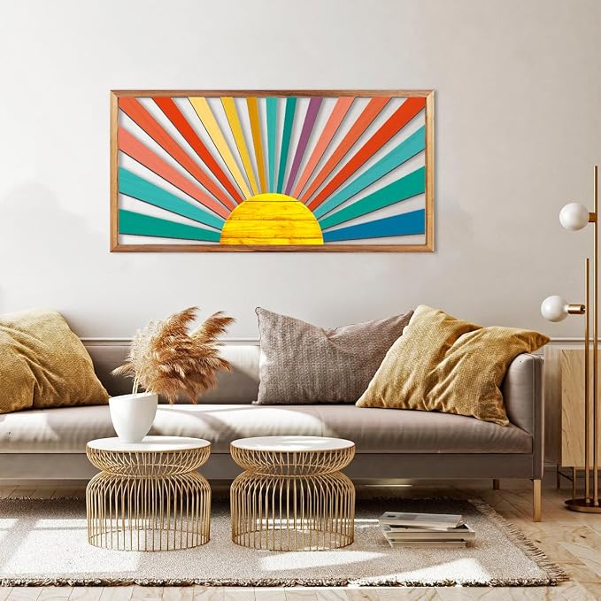 IARTTOP Large Boho Sun Wall Art Framed Wooden Art Wall Decor Colorful Rainbow Geometric Line Sunshine Artwork for Living Room Bedroom Office 16x32 Inch