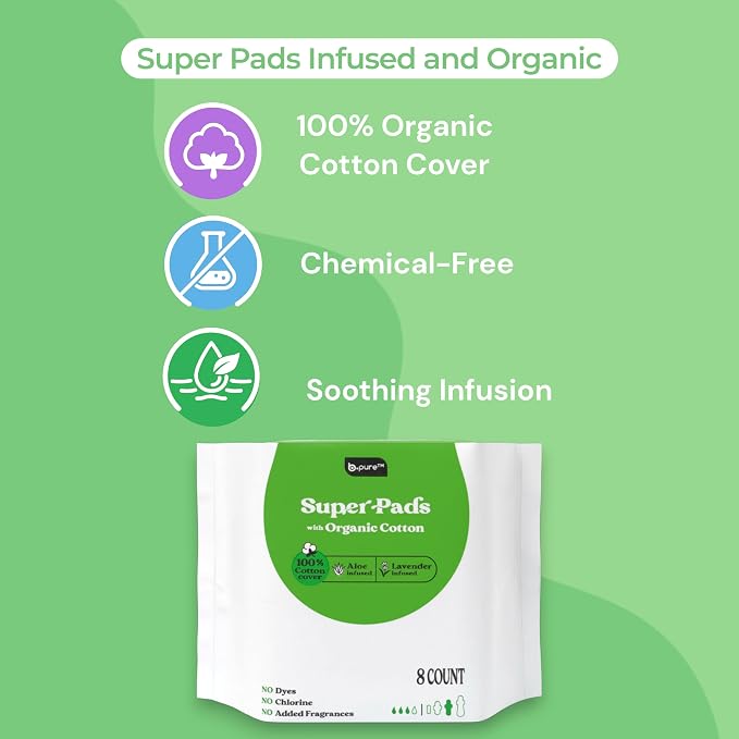 b.pure 100% Organic Cotton Super Absorbency Herbal Feminine Pads with Wings | Chemical Free | Lavender & Aloe Infused | Heavy Flow | 32-Count