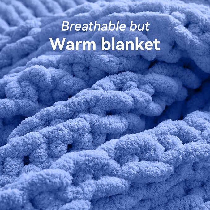 Negwoo Chunky Knit Throw Blanket, Knitted Throw Chenille Yarn, 60"*80" | Soft Thick Cable Knitted Blankets, Handmade Big Thick Blanket, Machine Washable Cute Comfy Blanket for Home Decor, Light blue