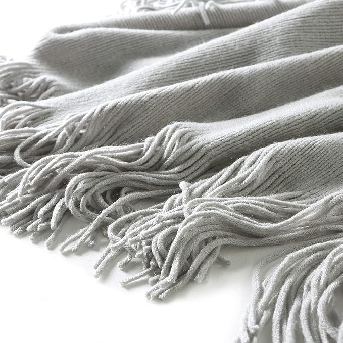 Homiest Light Grey Knitted Throw Blanket with Fringe, 50x60 Inch | Pure Acrylic, Lightweight & Breathable, All-Season Use, Machine Washable, Wrinkle & Fade Resistant, for Couch Sofa And Bed