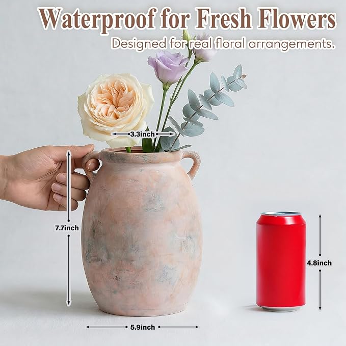Rustic Ceramic Vase for Flowers 7.7", Terracotta Pottery Vase with Handles & Distressed Finish, Large Vintage Decorative Stone Clay Vases for Farmhouse Decor, Table Centerpiece, Fireplace Mantle
