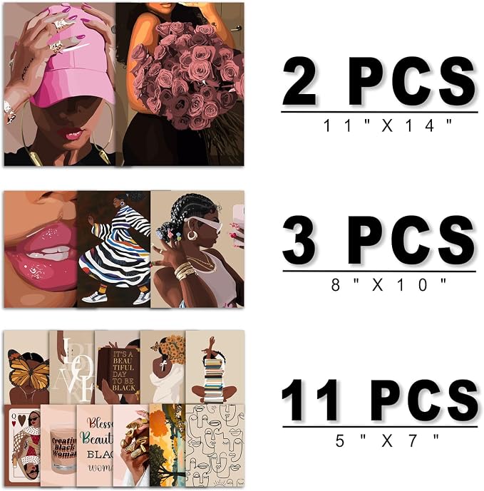 ANERZA 16 PCS Black Girl Wall Art Decor, African American Gallery Wall Prints for Bedroom, Black Woman Posters for Living Room Aesthetic, Black People Collage Kit Pictures, Pink and Black Dorm Home Decor