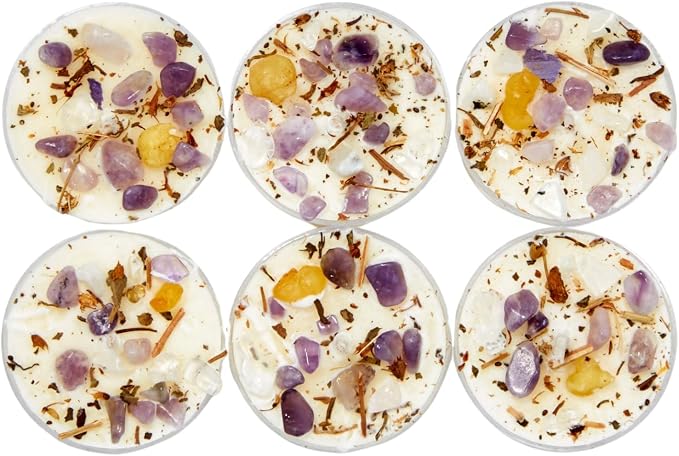 New Moon Beginnings Crown Chakra Candle - Chakra Candles - Dried Flower, Herb, & Crystal Tealights - Aromatherapy - Spicy, Warm, Woody, Sweet - Frankincense, Myrrh, Patchouli
