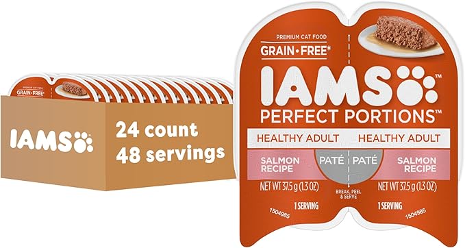 IAMS Perfect Portions Healthy Adult Pate Wet Cat Food, Salmon, 24 Count | Grain-free, 2.6 oz. twin-pack trays, Omega 6 & 3 for skin & coat, prebiotics & beet pulp, snap-peel-serve, no messy leftovers