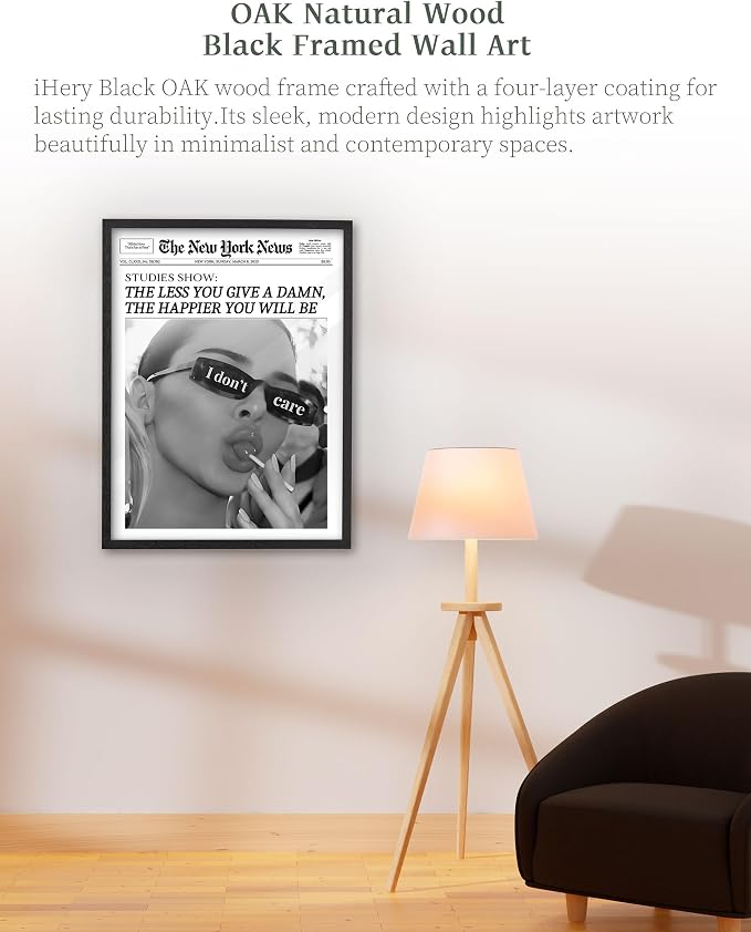 iHery 12x16in The Less You Give a Damn Framed Newspaper Wall Art | Premium Black OAK Wood Frame with Canvas Print, Vintage I Don't Care Decor for Bedroom, Dorm, Living Room and Bathroom, 1Pack