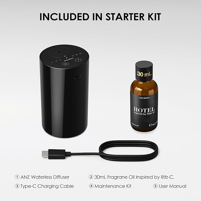 ANZ Waterless Essential Oil Diffuser Starter Kit, Black | 30 mL RZ C.Hotel Scent Fragrance Oil, Battery Operated, Up to 600 sq ft, Portable for Home Car Office, ANZKit-30-A