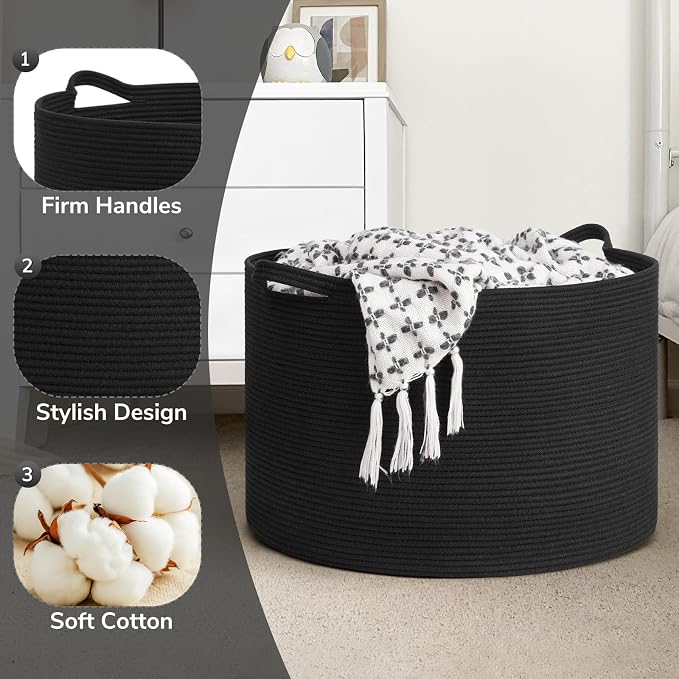 Goodpick Extra Large Woven Rope Basket for Blankets Living Room, 115L | 23.5 x 23.5 x 15.8 In Woven Basket for Storage, Kids Toy Storage for Playroom, Laundry Basket for Towels, Balck