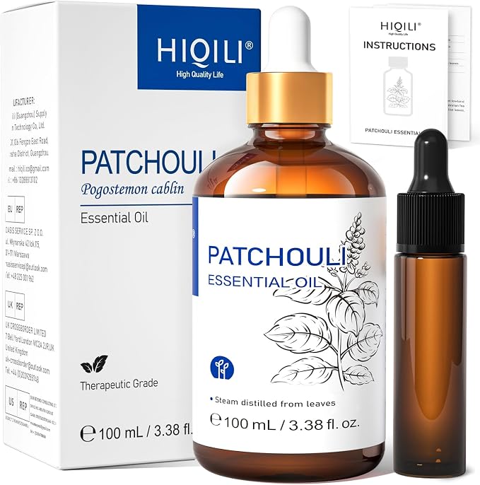 HIQILI Patchouli Essential Oil, for Homemade Perfume, Sooth Skin, Nourish Hair at Home with Diffuser, Gift for Hippie Friend - 3.38 Fl Oz