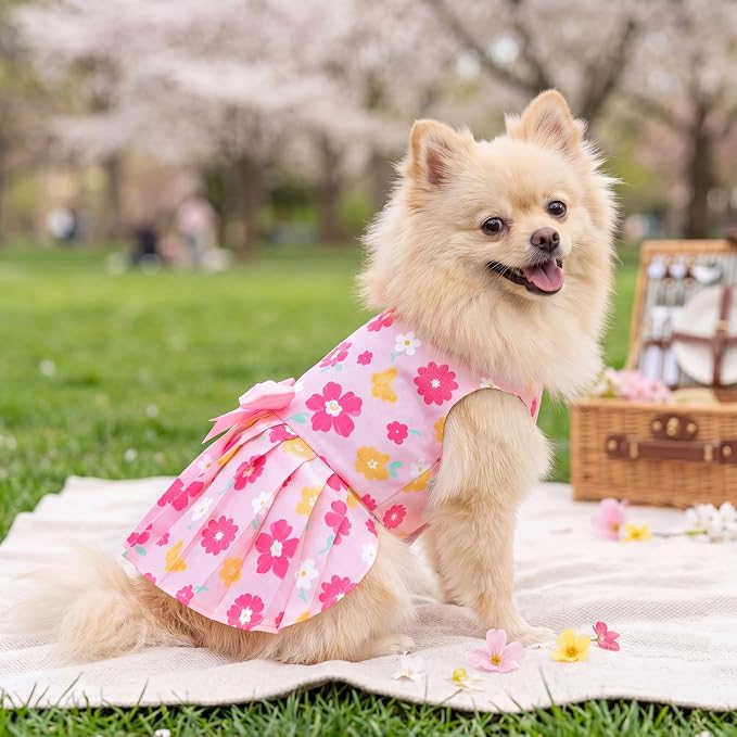 XPUDAC 4 Pack Floral Dog Dress for Small Dogs Girl, Cute Puppy Dresses with Bowknot, Sweet Dog Skirt, Breathable Lightweight Summer Pet Clothes for Holiday Birthday Party, XXS