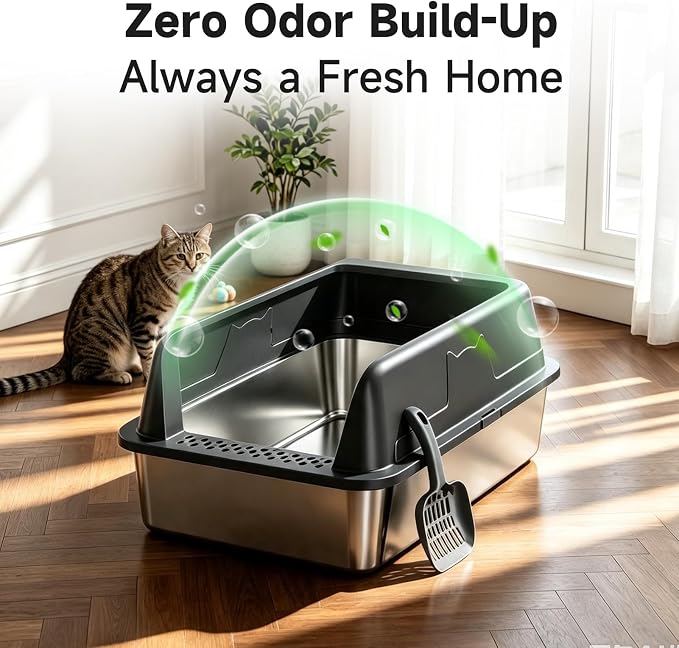 High-Sided Stainless Steel XL Cat Litter Box for Cats | High-Sided Design Prevents Urine Leakage,Non-Stick,Easy to Clean,Includes Scoop,Black