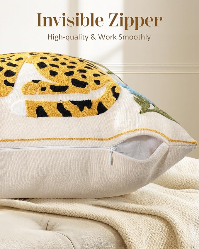 Animal Embroidered Lumbar Pillow Cover 20x12 Inch, Leopard Floral | Decorative Throw Pillow Cover, Boho Cushion Cases with Hidden Zipper, Fall Decor for Couch, Sofa, Living Room, Bed