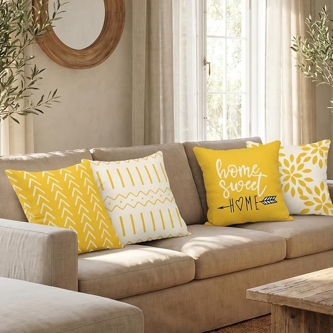 YCOLL Pillow Covers 20x20 Set of 4, Modern Sofa Throw Pillow Cover, Decorative Outdoor Linen Pillow Covers Set of 4 for Couch Sofa Bed and Car, Yellow