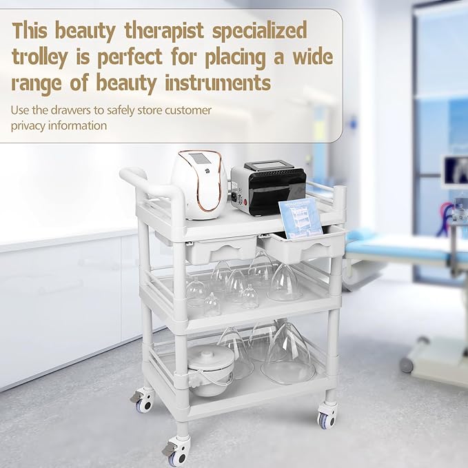 Beauty Trolley Cart with Wheels, Esthetician Cart with Handrail, Bucket and 2 Big Drawer, 3 Tier Heavy Duty Vacuum Therapy Machine Trolley, Load 330lbs, 360° Rotate Silent Wheels