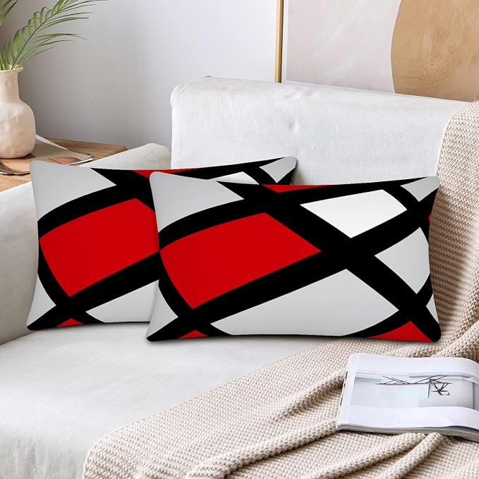 Modern Art Geometric Pillow Cover, Decorative Throw Pillow Covers Red Black Abstract Artwork Cushion Cover for Bedroom Sofa Living Room 12 x 20 Inch Set of 2