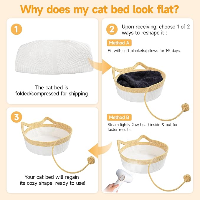 Cotton Rope Woven Cat Bed, Instinct Pet Basket with a Play Ball, Large | Foldable Cat Scratcher Basket for Indoor Cats, Puppies, Rabbits and Small Pets, Yellow & White