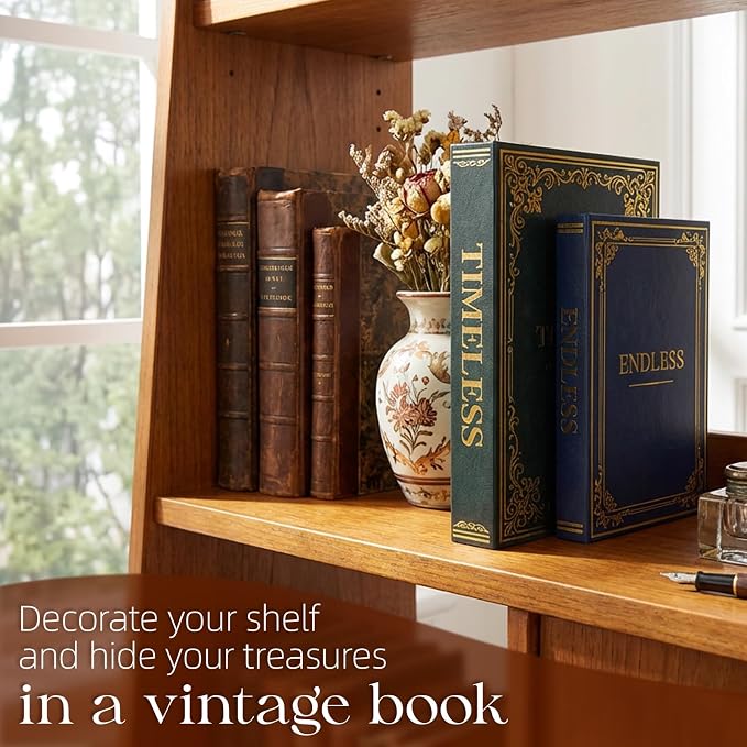Vintage Decorative Book Storage Box Set of 2, Stylish Faux Leather Decorative Books, Fake Book Storage Box for Bookshelf, Coffee Table, Modern Home Decor, Dark Green & Dark Blue
