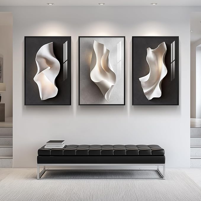 Framed Abstract Black and White Wall Art for Living Room, Large 3 Piece Modern Bright Style Artworks for Wall, Luxury Minimalist Painting Prints for Dining Room Hallway Office Wall Decor, 24x36 Inch
