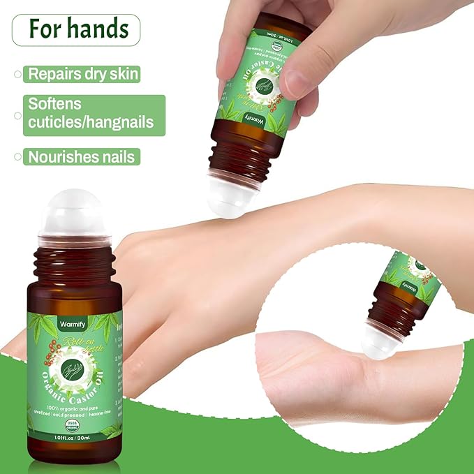2-in-1 Castor Oil Roll On for Face & Hands, Organic Cold Pressed, Hexane-Free, Unrefined Glass Bottle – Targeted Roller Balls for Eye, Lip, Skin, Nail & Cuticle Care – 2 x 1 fl.oz