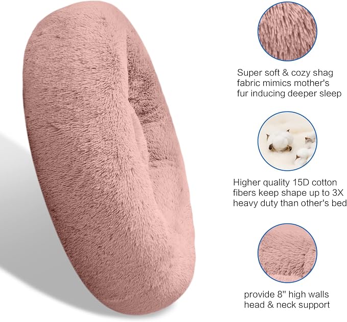 SAVFOX 54 inches Calming Donut Dog Bed - 3X Durable Plush Faux Fur, Machine Washable & Non-Slip, Fits up to 210 lbs, Removable Cover, Pink