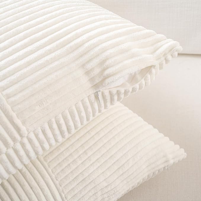 Fancy Homi Set of 1 Cream White Boho Long Lumbar Body Decorative Throw Pillow Cover 14x36 Inch for Bed Couch Bedroom Bench, Soft Patchwork Corduroy Textured Pillow Case, Rustic Farmhouse Room Decor