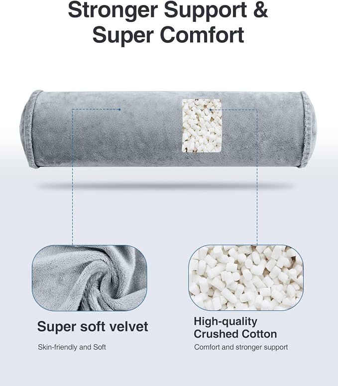 Luxtude Inflatable Neck Roll Pillow for Sleeping, Travel Cervical Pillow for Neck Pain Relief, Cylinder Support Pillows Round Bolster Pillows for Bed, Lumbar Roll, Legs, Back and Yoga (Grey-3.9in)