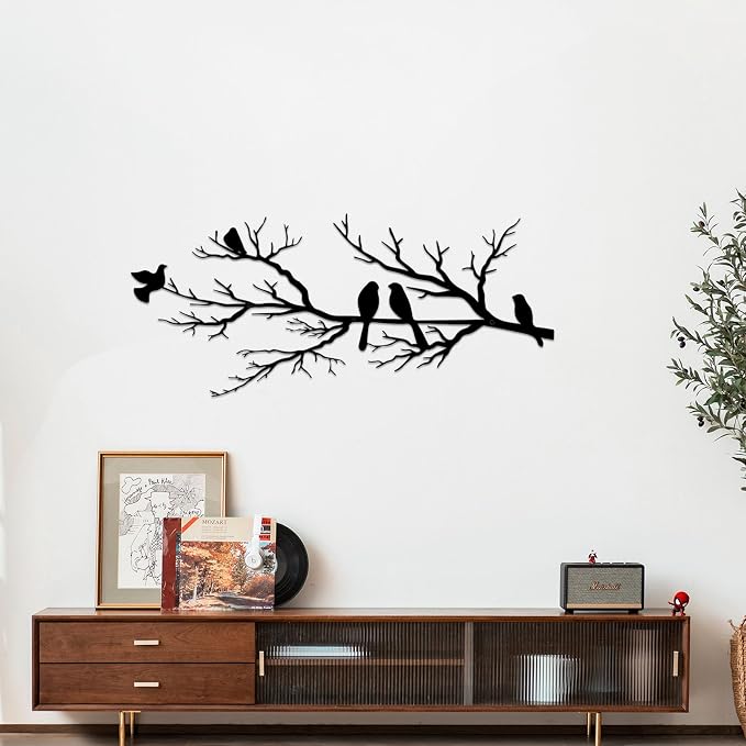 Metal Birds Wall Art, Metal Vivid Birds on Branch Silhouette Wall Decor Black Leaves with Bird Outdoor Hanging Wall Sculpture for Home Balcony Garden(Large)