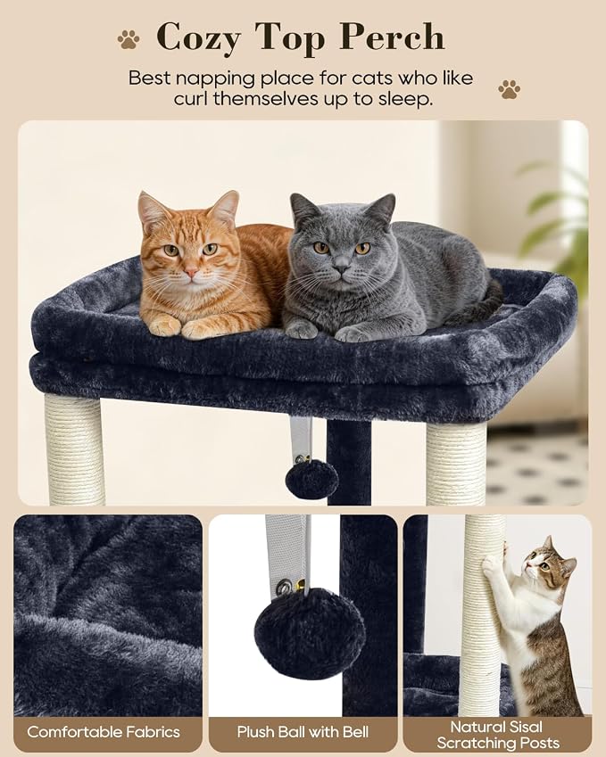 SYANDLVY Small Cat Tree for Indoor Cats with 2 Levels Perch Platforms | Natural Sisal Scratching Post Tower with Hanging Bell Ball & Anti-Tip Strap, Stable Cat Perch Furniture for Kittens, Smoky