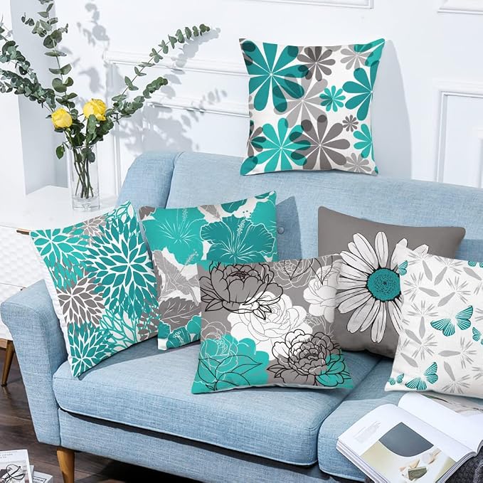 Teal Grey Throw Pillow Covers 16x16 Set of 6, Spring Floral Home Decor | teal floral, decorative cushion cover, Breathable Linen, Accent pillow, chair, small Sofa, spring summer farmhouse Decor