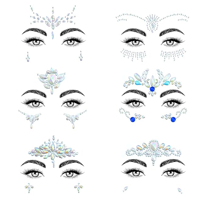 SAOROPEB Face Gems - 6 Sets Mermaid Face Jewels Temporary Tattoo Stickers Acrylic Crystal Glitter Stickers Waterproof Eye Gems Stick On Rainbow Tears Rhinestone for Party, Rave Festival
