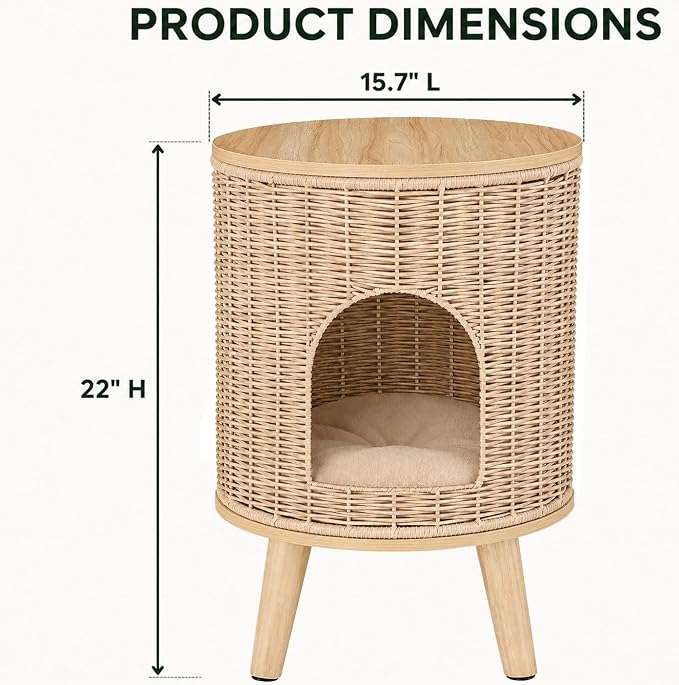 Rattan Cat House End Table, 2-in-1 Cat Bed Side Table, Stylish Pet Furniture for Indoor Cats in Living Room and Bedroom (Natural, 15.7”L x 15.7”W x 22”H)