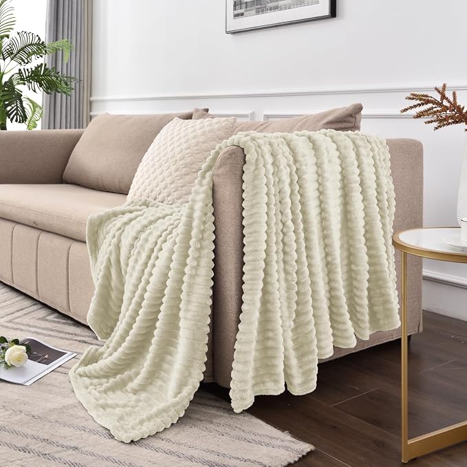 BEDELITE 3D Ribbed Jacquard Beige King Size Blankets for Bed, 108x90 Inch | Soft Warm Decorative Fluffy Blanket, Cozy Fuzzy Lightweight Plush Fleece Throw Blankets for Bed, Room Decor, Gift for Women