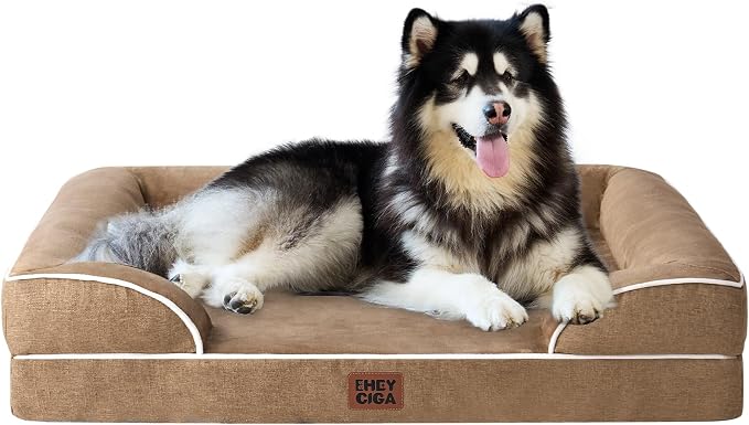 EHEYCIGA Orthopedic XXL Dog Bed, Waterproof Washable XL Big Pet Bed 52" | Non-Slip Bottom and Egg-Crate Memory Foam Extra Large Pet Couch Bed with Washable Removable Cover, Camel